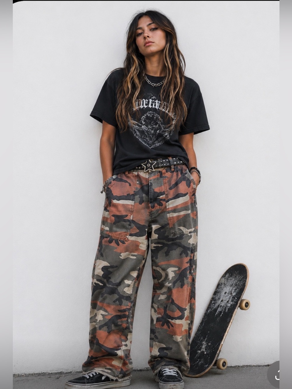Topshop Camouflage Cargo Pants - Green, Tan & Peach High Waisted Relaxed Size 6